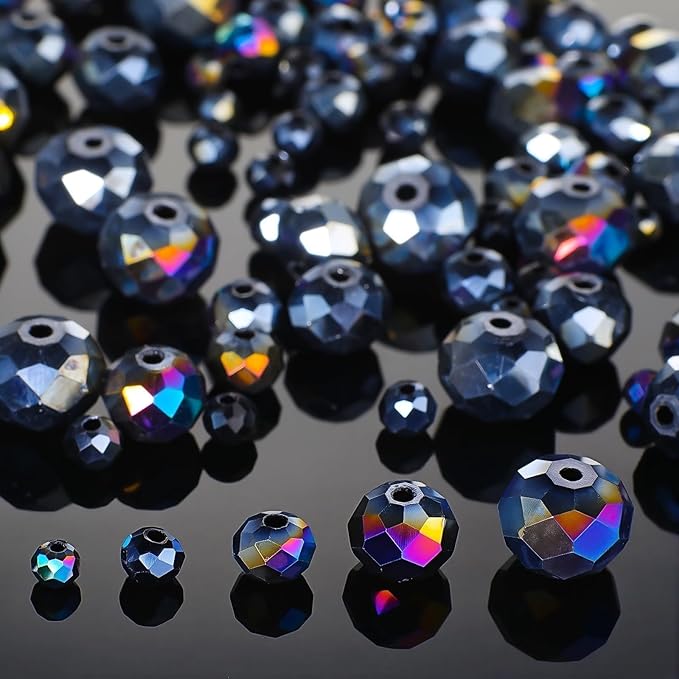 Song Xi 1250PCS 5 Different Size Black Crystal Beads for Jewelry Making, Rondelle Glass Beads for Bracelets Necklace, Earring and Making Supplies, Arts and Crafts, AB Color (3/4/6/8/10mm)