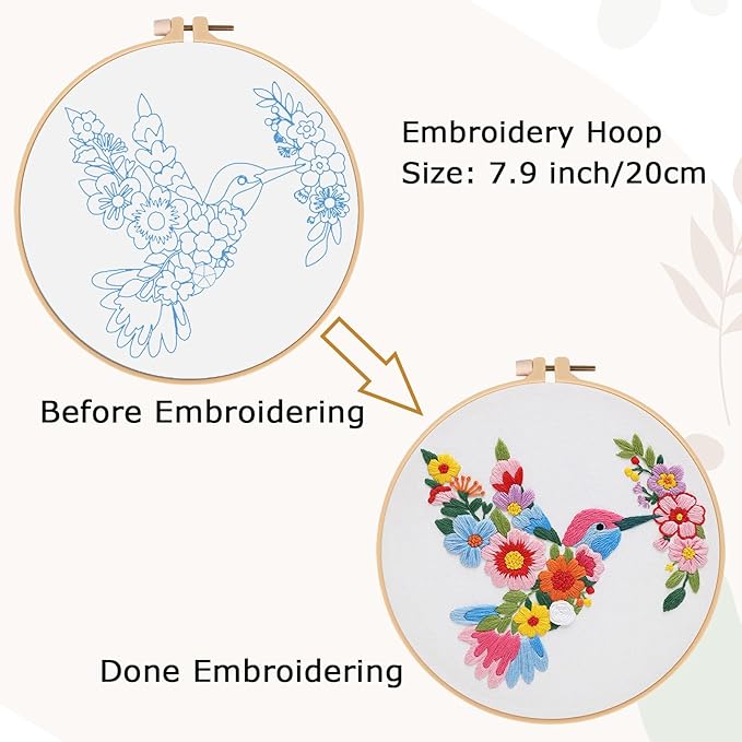 Nuberlic Bird Flower Embroidery Kit for Beginners -Adults Starter Cross Stitch Kit DIY Needlepoint with Hoop, Pre-Printed Fabric, Threads & Step-by-Step Guide