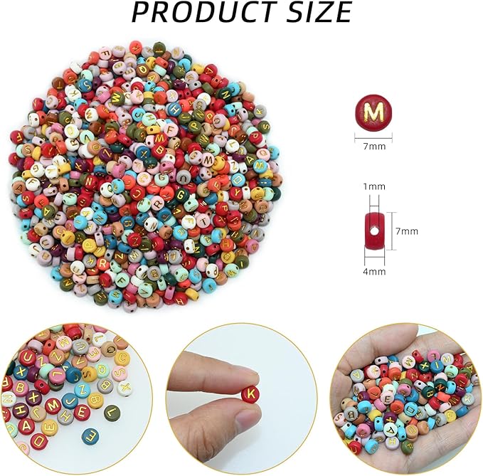 Amaney 1000pcs 4x7mm Round Letter Beads Colorful Acrylic with Gold Letter Alphabet for Jewelry Making