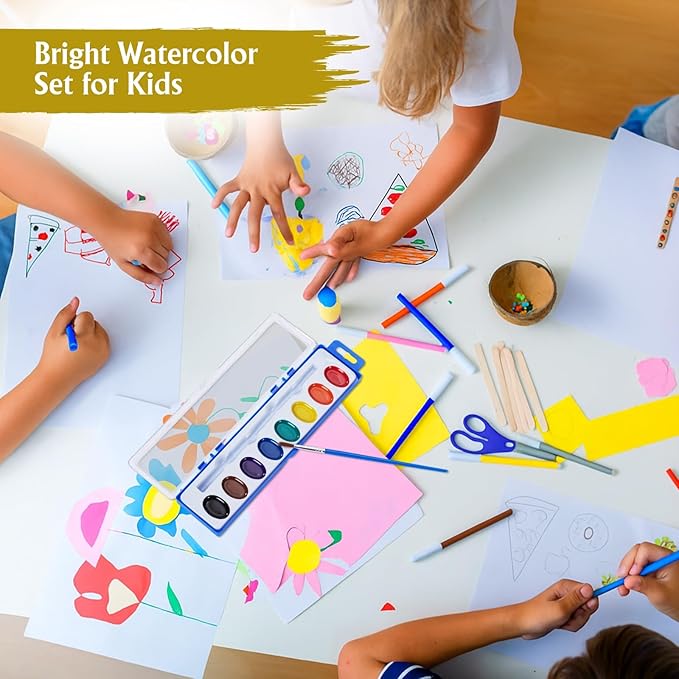 Watercolor Paint Sets for Kids - Bulk Pack of 12 with 8 Washable Paint & Brush - Perfect Kids Painting Set for Classrooms, Party Favours & Creative Fun