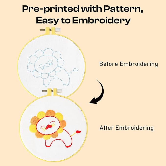 Pllieay 6PCS Embroidery Kit for Beginners, Needlepoint Kits for Beginners with Patterns, 6.5" Embroidery Hoop, Threads, Needles, Instructions, Kids Cross Stitch Kits Supplies for Girls Boys Ages 6+