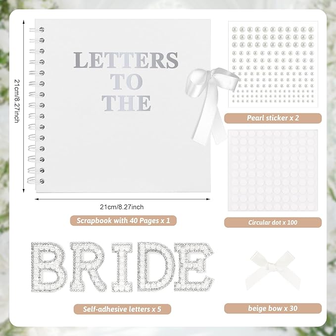 Draupnir 8 x 8 Inch Letters To The Bride Scrapbook Wedding Memory Book with Pearl Lace Wedding Metallic Letters Stickers Bows Pen Bridal DIY Blank Paper Scrapbook Photo Album Guest Book Sign
