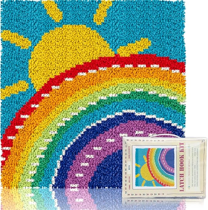 ORIGACH Rainbow & Sun Latch Hook Rug Kit for Adults Printed Rug Making Kit Handmade Carpet Tapestry Cover with Hook Latch and Preprinted Canvas, Home Arts Crafts Sofa Decor, 17.72x17.72inch