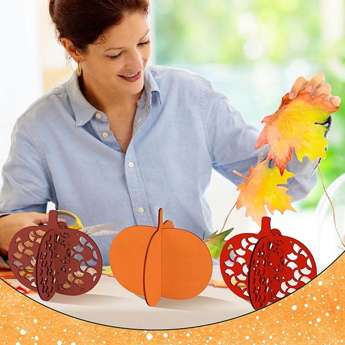 Blosssound 48 Pcs Fall Craft Set 36 Wood Pumpkin Crafts 3D Pumpkin Cutouts with 12 Colored Markers Wooden Unfinished Slices to Paint for Thanksgiving Autumn Harvest DIY Handmade Tiered Tray Decor