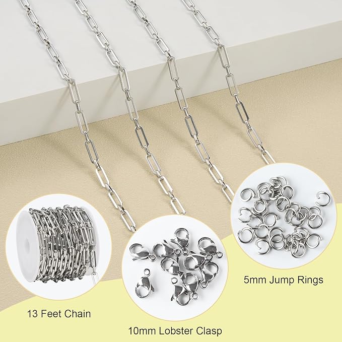 SMYHTGLIF 13 Feet Silver Stainless Steel Chain for Jewelry Making Paperclip Bulk Chain Spool Craft Jewelry with Lobster Clasps and Jump Rings
