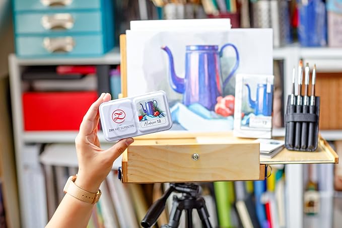 ZenART Professional Moderno Watercolor Paint - Non-Toxic 12 Half-Pan Set in Metal Tin Palette - Portable Travel Set for Adults - Vibrant Modern Water Color for Artists & Illustrators