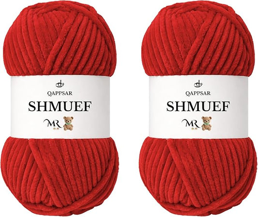 SHMUEF Chenille Yarn 2-Pack – Ultra Soft Velvet Yarn, Super Bulky Weight (5–6 mm), Yarn for Crochet, Amigurumi & Baby Blankets (Carmen RED)