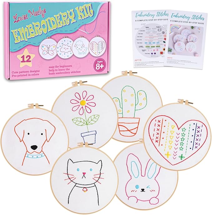 Louise Maelys 12 Pre-Stamped Embroidery Kits for Beginners, Cross Stitch for Kids Girls,DIY Needlepoint Craft Sewing,Practice Kit Supplies,Funny Cute Pattern,Perfect for Ages 8-12