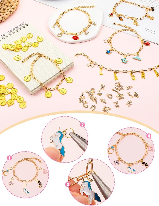 ZMLTLMG 552Pcs Gold Charm Bracelet Making Kit, Premium Paperclip Chain Jewelry Making Supplies with Enamel Charms, Letter Beads & Jump Rings, DIY Crafts Gift Set for Women Girls Adults