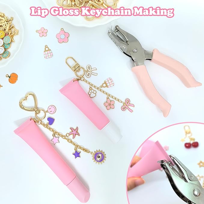 526Pcs Charms Lip Gloss Keychain Making Kit, DIY Keychain Supplies with 200 Charms, 28 Clasps, Jump Rings, Chain, Jewelry Plier, Hole Punch, Bag Charm Kit, Jewelry Making Kit for Crafting Keychains