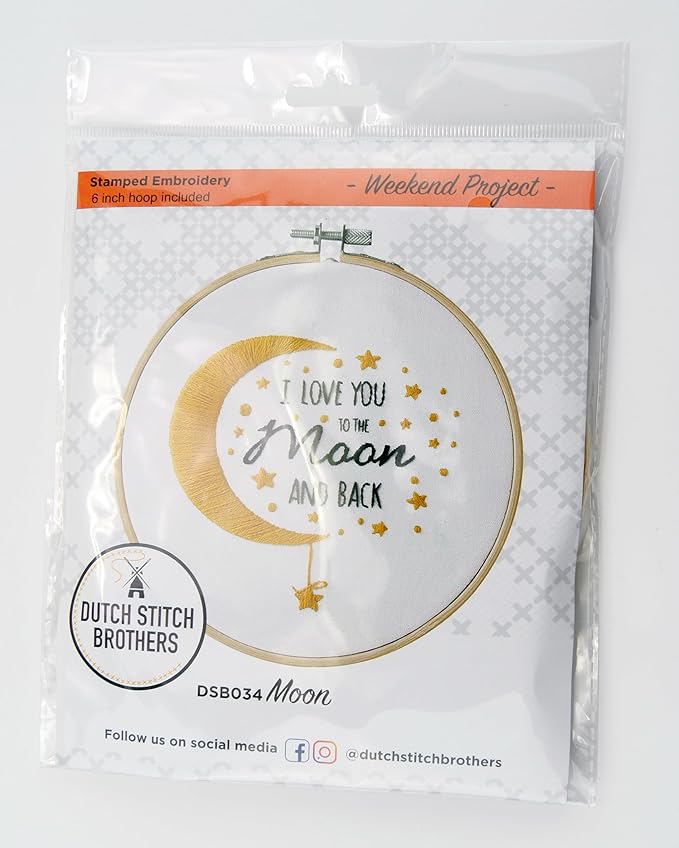 DUTCH STITCH BROTHERS Moon Embroidery Starter Kit with Pattern and Instructions. Stamped Embroidery Kits with Embroidery Clothes with Pattern. 6" Embroidery Hoop