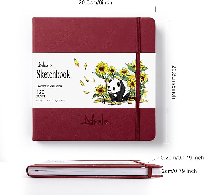 Square Sketchbook for Drawing, 120 Pages Sketch Book, 122LB/180GSM Thick Paper, Mixed Media Sketchbook for Charcoal Pencil, Inks Pen, Colored Pencil, Acrylic Marker, Oil Pastel