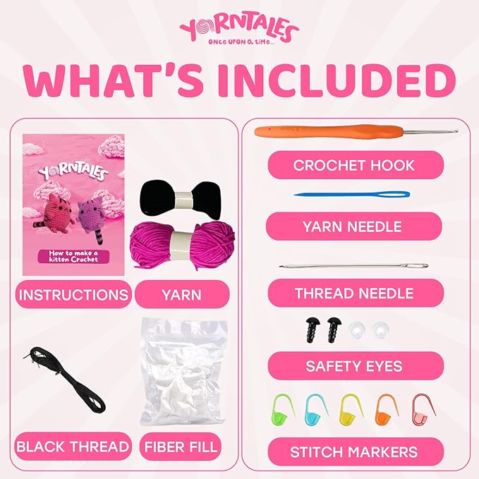 YarnTales DIY Pink Kitten Crochet Kit - Beginner Craft Kit with All Included Supplies & Video Tutorials - Great Valentine’s Day Gift for Teens & Adults