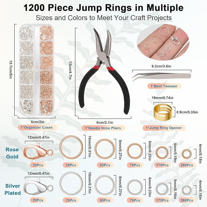 1200 Pcs Jump Rings, Jewelry Making Kit with Open/Close Tools, Pliers, Tweezers, Lobster Clasps, DIY Necklace Repair and Keychain Supplies (Silver Plated & Rose Gold)