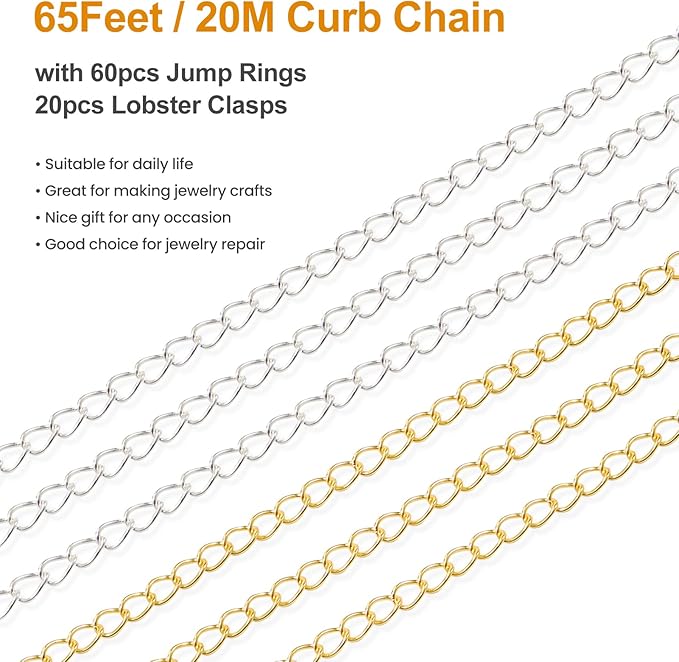 Kyutong 2 Rolls Gold and Silver Extender Chain for Jewelry Making 3MM Wide Curb Links Stainless Steel Necklace Chains Spool on Bulk with Lobster Clasps Jump Rings Jewelry Supplies for Crafts DIY