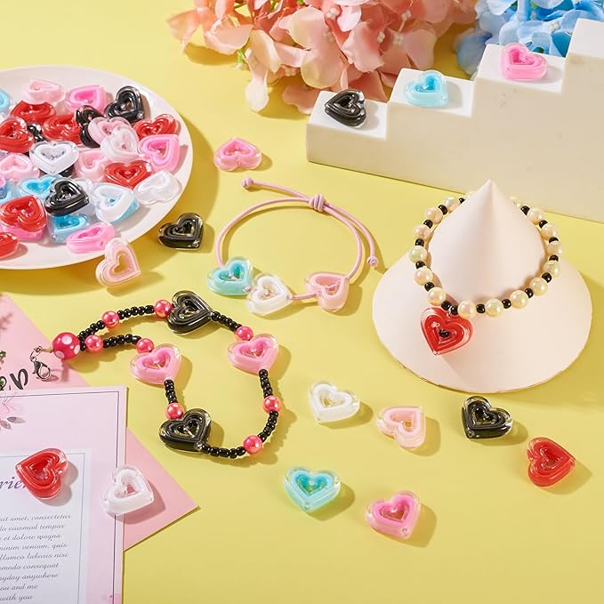 FASHEWELRY 60Pcs Acrylic Crystal Heart Beads Clear Love Heart Beads Candy Color Cute Pony Bead Aesthetic Bead for Valentine Day Bracelet Necklace Jewelry Making
