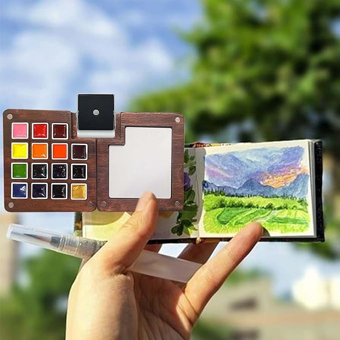 Mini Paint Palette Travel Kit - Mini Travel Watercolor Palette Set, Pocket Artist Water Color Travel Set with Colours, Binder Clips, Watercolor Pens, Wooden Paint Box for Painters Artists Students