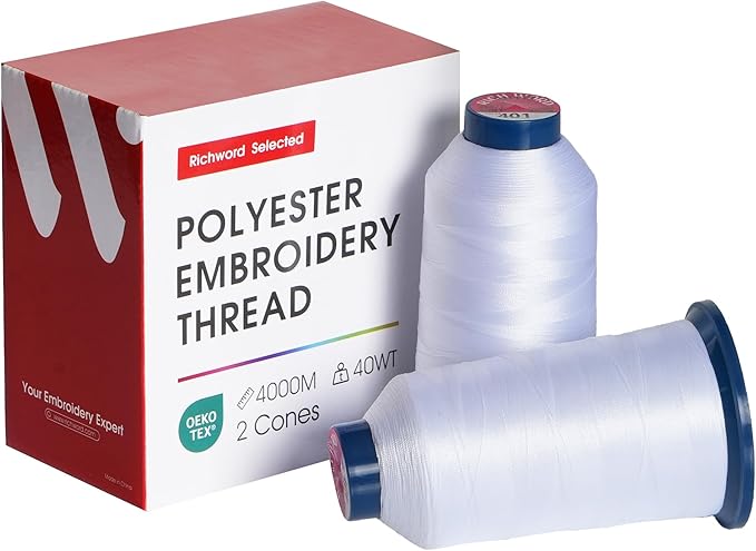Poolin Embroidery Thread, Huge Spool Richword Selected 2 Rolls White 4000M(4374Y) 40WT Polyester Thread for All Embroidery Machines