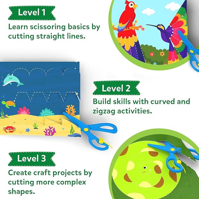 skillmatics scissor skills activity book - snip snip animals, 25 fun cutting & creative activities for preschoolers, 2 child-safe scissors, felt craft kit, gifts for kids ages 3, 4, 5, 6, 7