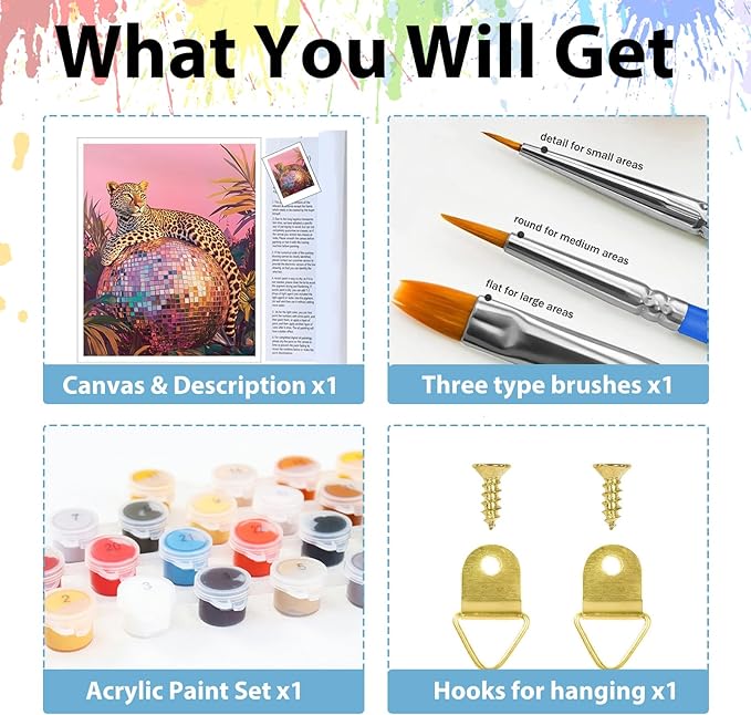 Animal Paint by Numbers Kit for Adults Beginners, Disco Adult Paint by Number Kits on Canvas, Painting by Number, DIY Crafts for Gift Home Decor 16x16 in