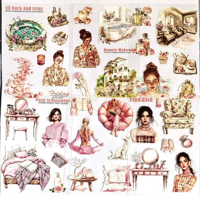 20 Sheets Pink Girl Sticker Book for Scrapbooking Supplies, Aesthetic Pre-Cut Journaling Sticker for Junk Journal Kit, Die-Cut PET Ephemera for Bujo Planner Arts Craft