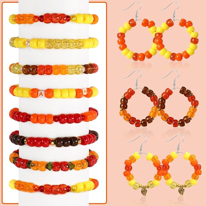 UPINS 1200 Pcs Fall Pony Beads,Autumn Thanksgiving Pony Beads for Jewelry Making Yellow Orange Red Brown for Hair Necklace Bracelets Crafts Supplies
