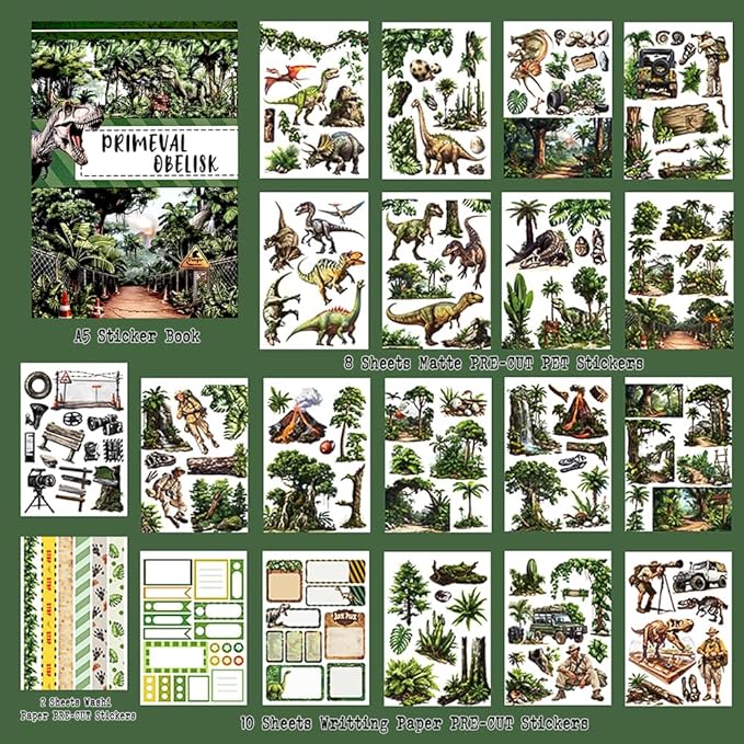 A5 Diecut Journal Sticker Book for Adults Journaling, 20 Sheets Dinosaur Theme with Assorted Materials- PET, Washi, Paper, Scrapbook Stickers for Scrapbooking, Junk Journals Supplies, Collage