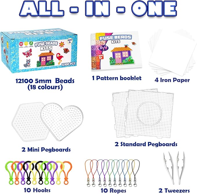FUNZBO 12000 5mm Fuse Beads Kit - 18 Colors Individual Pack, Easter Homeschool Arts and Crafts Supplies for Kids, Toys Set, Art Decorations for Room, Toys Gifts for Girls and Boys Age 5+