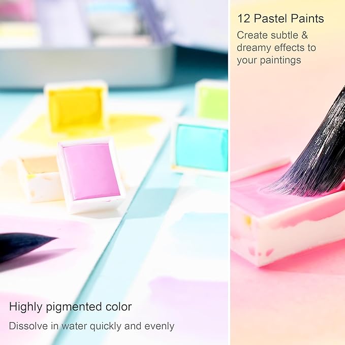 PHOENIX Pastel Watercolor Paint Set - 12 Half Pan Soft Muted Colors, Artist Grade Palette Watercolor Travel Set, Gift for Water Color Painter