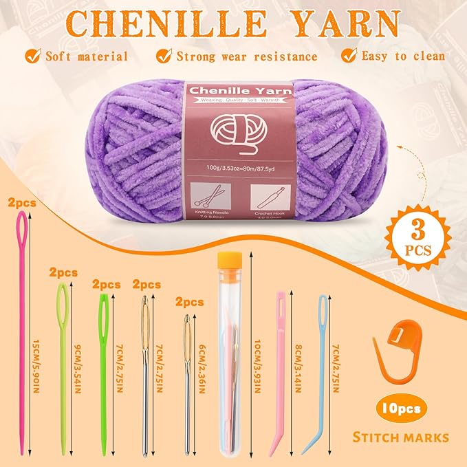 LUNARM Chenille Yarn for Crocheting Knitting, 3 Skein 263 Yard Thick Soft Chunky Fluffy Weaving Plush Yarn for Blankets Clothes Pattern Creations with Big Eye Needles (Purple)