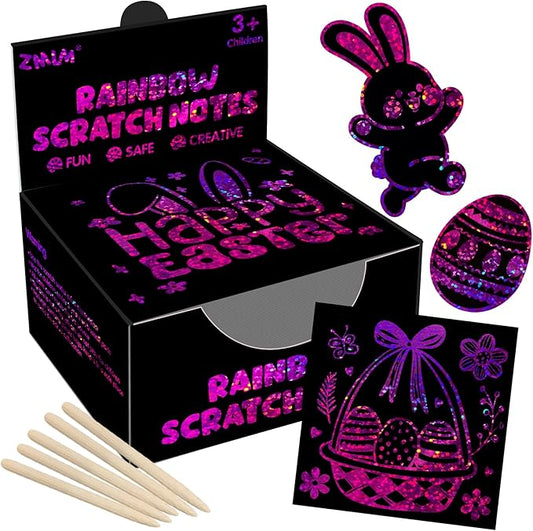 ZMLM Easter Basket Stuffers for Kids，165 Rainbow Scratch Paper Art Notes: Easter Crafts for Kids Ages 4-8, Gifts Girls Boys Toys Classroom Prizes for Students School Activity(Rose)