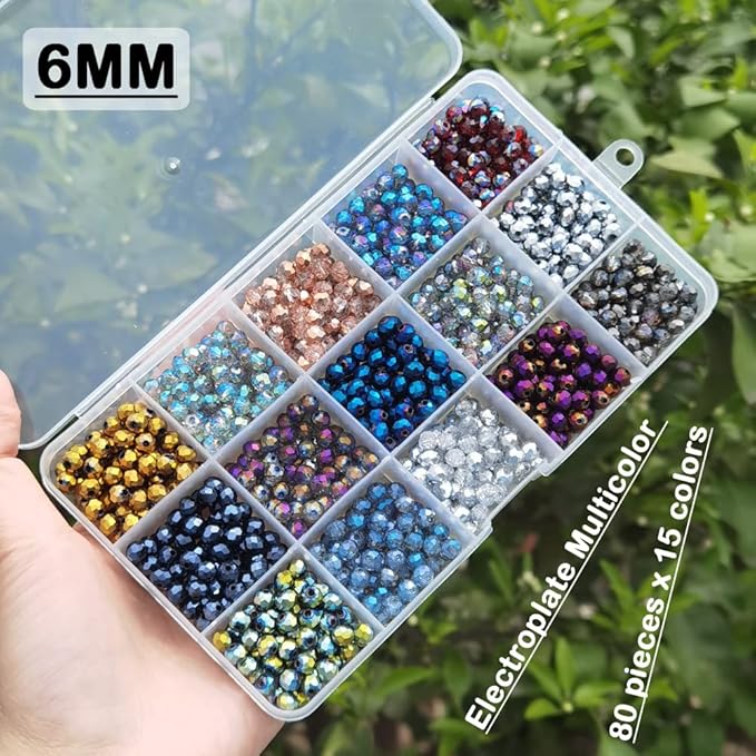 INSPIRELLE 1200pcs 6mm Multicolor Electroplate Rondelle Glass Beads for Jewelry Making Faceted Briolette Shape Crytal Spacer Beads Assortments Supplies for Bracelet Necklace with Storage Box