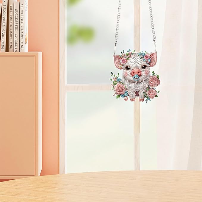 Tontut Diamond Art Painting Kits Hanging Decoration, 5D Flower Pig Diamond Art Painting, DIY Special Shape Diamond Craft Wall Garden Decoration, Gifts