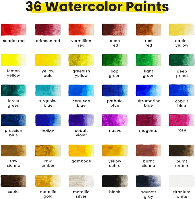 Chalkola Watercolor Paint Set for Adults & Professional Artists - 36 Watercolor Tubes Set (12ml, 0.4oz), 10 Painting Brushes & 1 Palette | Vibrant Water Color Art Painting Supplies