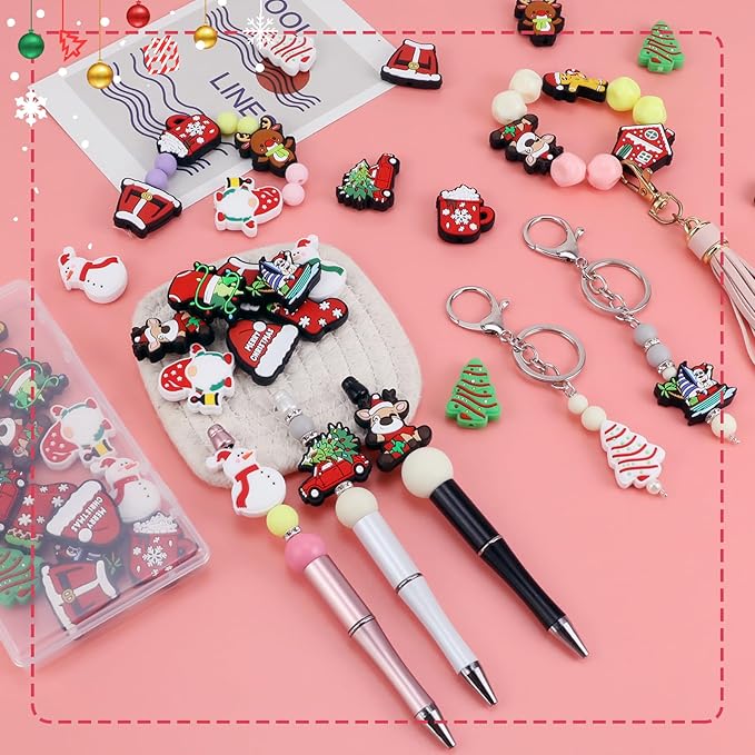 16PCS Christmas Silicone Beads for Pens, 16Pcs Silicone Focal Beads for Keychain Making DIY Handicraft（Christmas ）