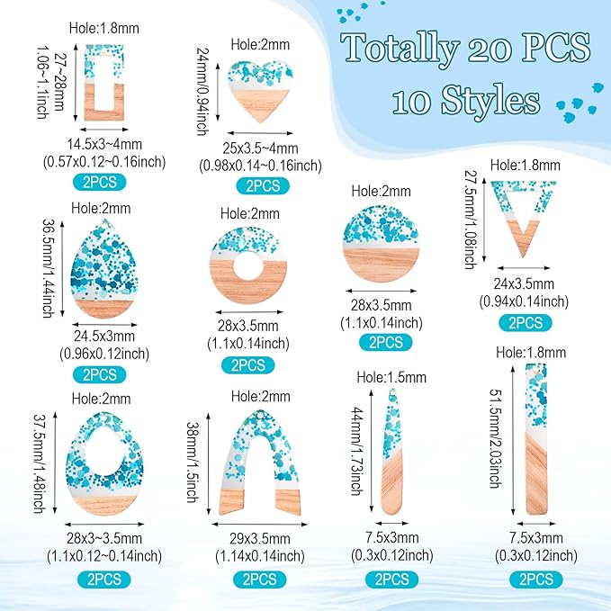 Beadthoven Sea Blue Charms for Earrings Making, 20pcs/10 Pairs Resin Wood Pendants DIY Women Necklace Wooden Pendants Supplies for Jewelry Making Bookmarks Ornaments Dangle Crafts