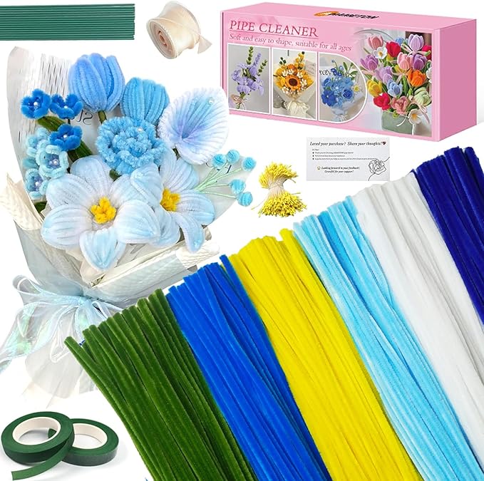 985-Piece Jumbo Size Premium Muti-Color Pipe Cleaner Craft Kit with Floral Supplies - Chenille Stems, Flower Wires, Stamens & Video Tutorial for Wedding Decorations (Blue White Set, Jumbo Craft Set)