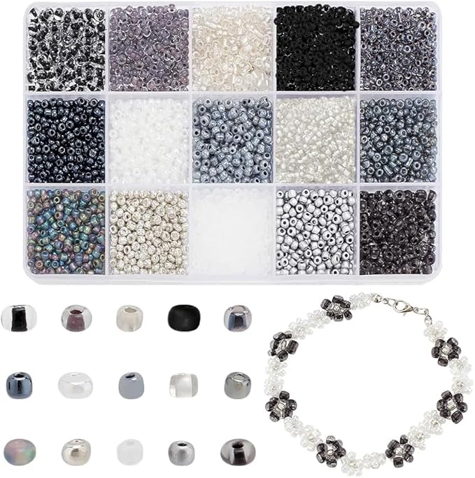 PH PandaHall 4742pcs 15 Colors 3mm Seed Beads 8/0 Small Glass Craft Beads Tiny Round Waist Bead Spacer Bead Kit for DIY Crafts Earring Bracelet Necklaces Jewelry Making, Black/White/Gray