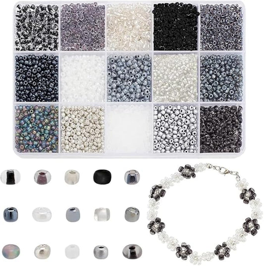 PH PandaHall 4742pcs 15 Colors 3mm Seed Beads 8/0 Small Glass Craft Beads Tiny Round Waist Bead Spacer Bead Kit for DIY Crafts Earring Bracelet Necklaces Jewelry Making, Black/White/Gray