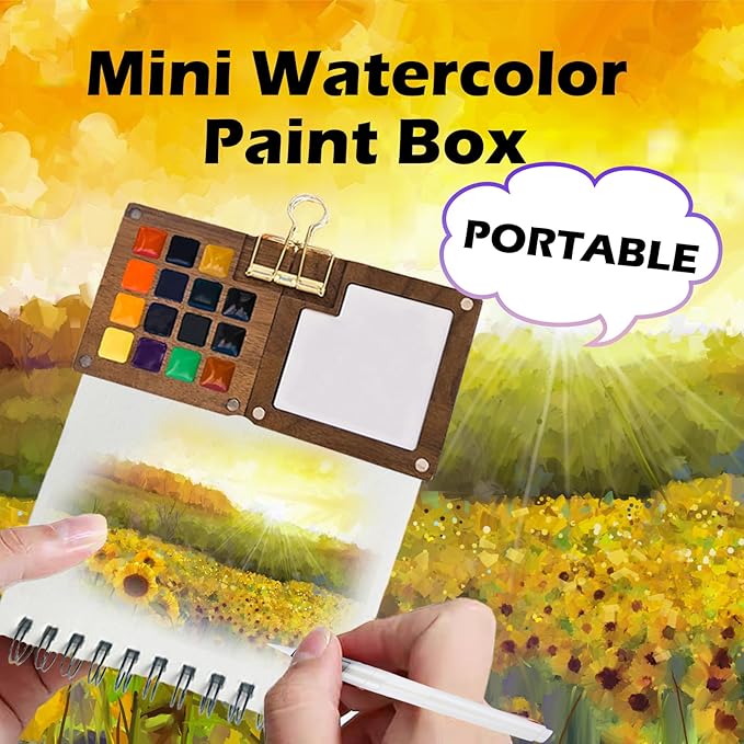 Mini Watercolor Paint Set, Portable Travel Art Kit with 12-Color Paint, 6 Brushes, 2 Sketchbooks & Crossbody Bag - Ideal for Artists & Beginners (walnut color)