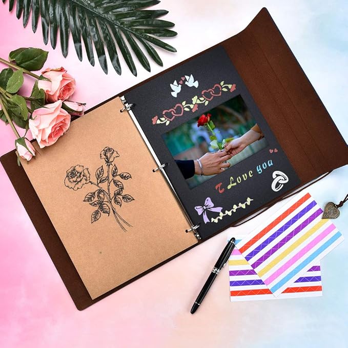 ZEEYUAN Scrapbook Album Leather Photo Album Memories DIY Scrap Book 10.8"x8.6" Large Family Photo Book Refillable 60 Pages for Anniversary Valentines Birthday Gifts Rose Brown