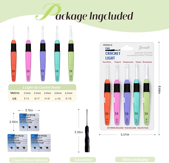 Yarniss LED Light Up Crochet Hook 5 Piece Handle Set Includes the Following 5 Sizes: 3.5mm, 4.5mm, 5.0mm, 5.5mm, and 6.5mm. Includes 1 Pack of Spare Batteries