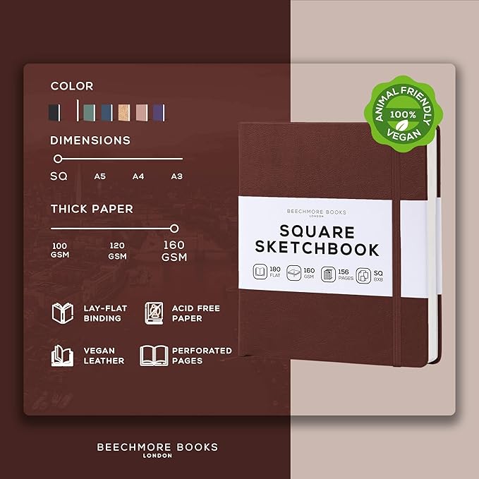 Beechmore Books Square Mixed Media Sketchbook - 8x8 Inch Professional Art Journal, 160 GSM / 98 lb Ivory Paper, Perforated Pages, Vegan Leather Hardcover, Lay-Flat Design for Drawing & Doodling