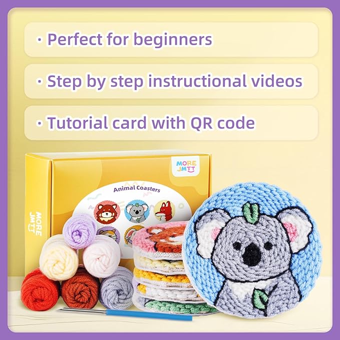 punch needle kit-6,embroidery kit for beginners,punch needle kits adults beginner,needles, curved scissors, a tool storage box, yarn, easy-to-follow instructions, and tutorial videos(6 animal coaster)
