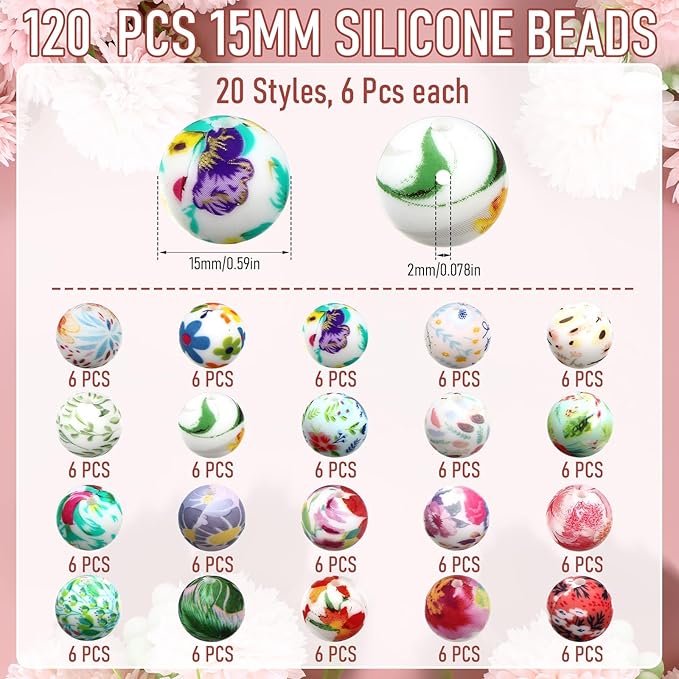 Ferreve 120 Pcs 15mm Silicone Beads Bulk Silicone Beads Print Rubber DIY Bracelet Making Kit for Keychain Making Pens Necklace Jewelry(Floral)