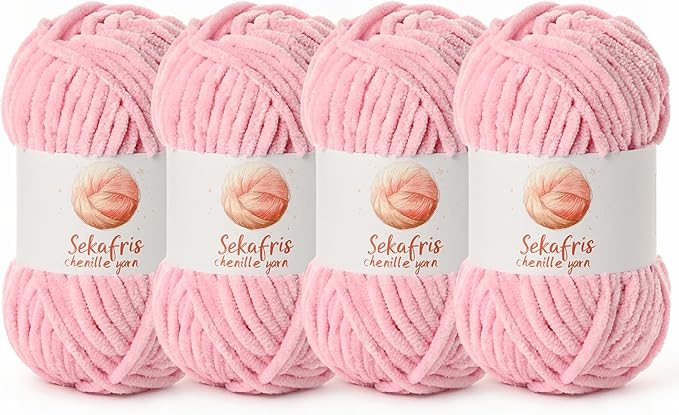 4 Pack Chunky Chenille Yarn for Crocheting, Baby Yarn for Crocheting Soft Blanket, 349.9 yds /14.1 oz Crochet Yarn, Bulky 5 Amigurumi Yarns, Fluffy Velvet Yarns for Knitting Crafts (4 Peach Pink)