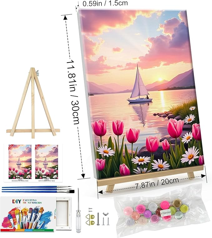 ATDMS Paint by Numbers Kit for Adults Flowers Paint by Number with Frame Sailboat Paint by Number with Easel Sunset Adults Paint by Number Kits Framed Canvas for Gift Home Wall Decor 8x12 Inch