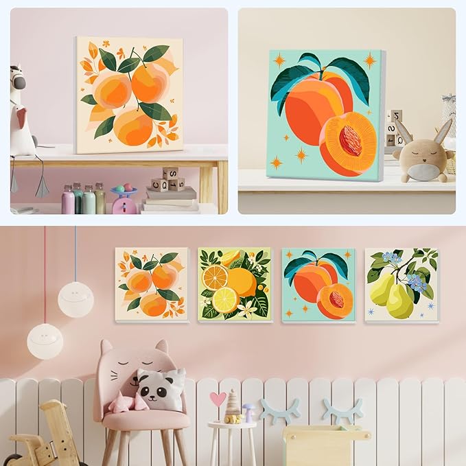 4 Pack Paint by Number for Kids with Wooden Frame, Lovely Watercolor Fruit Paint by Numbers for Kids Ages 8-12, Orange, Lemon, Peach, Pear, DIY Acrylic Oil Painting for Home Wall Decor 8X8 inch