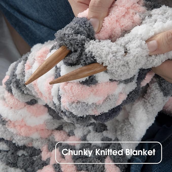 HOMBYS Chunky Tie Dye Mix Chenille Yarn for Hand Knitting, Super Bulky Jumbo Yarn for Crocheting, 3/4" Thick Soft Plush Yarn for Blankets, 8 Skein Pack (26 yds / 7.5 oz Each) Grey White Pink