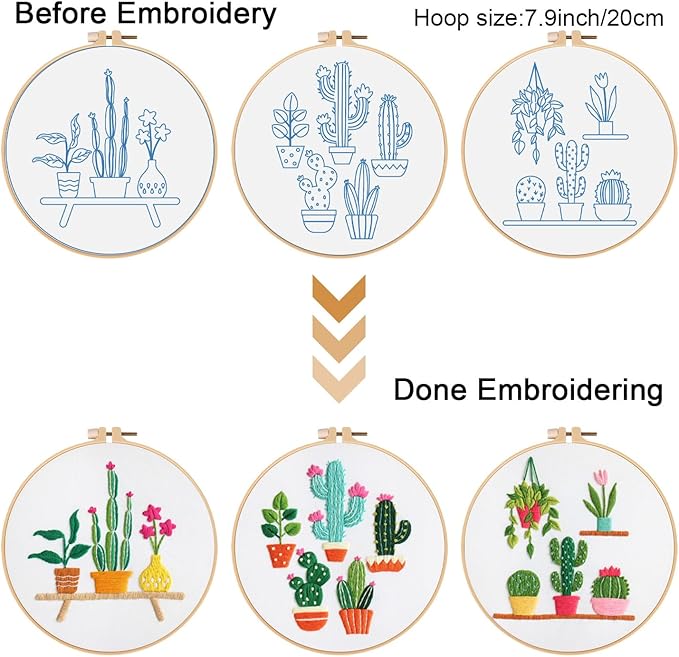 Louise Maelys 3 Sets Cactus Embroidery Kits for Beginners,Cross Stitch Kit for Adults,Crewel Starters Needlepoint with Plants Pattern, Hoop and Instruction